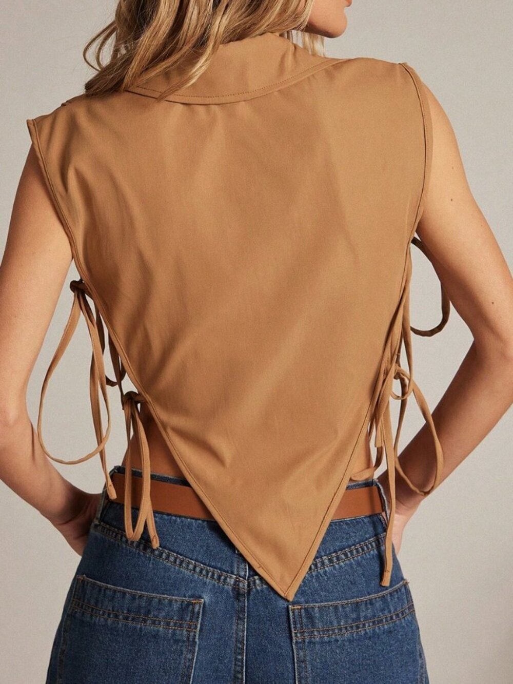 Khaki Casual Women's Sexy Deep V-Neck Front Button Side Tie Camisole - Picture 3 of 6
